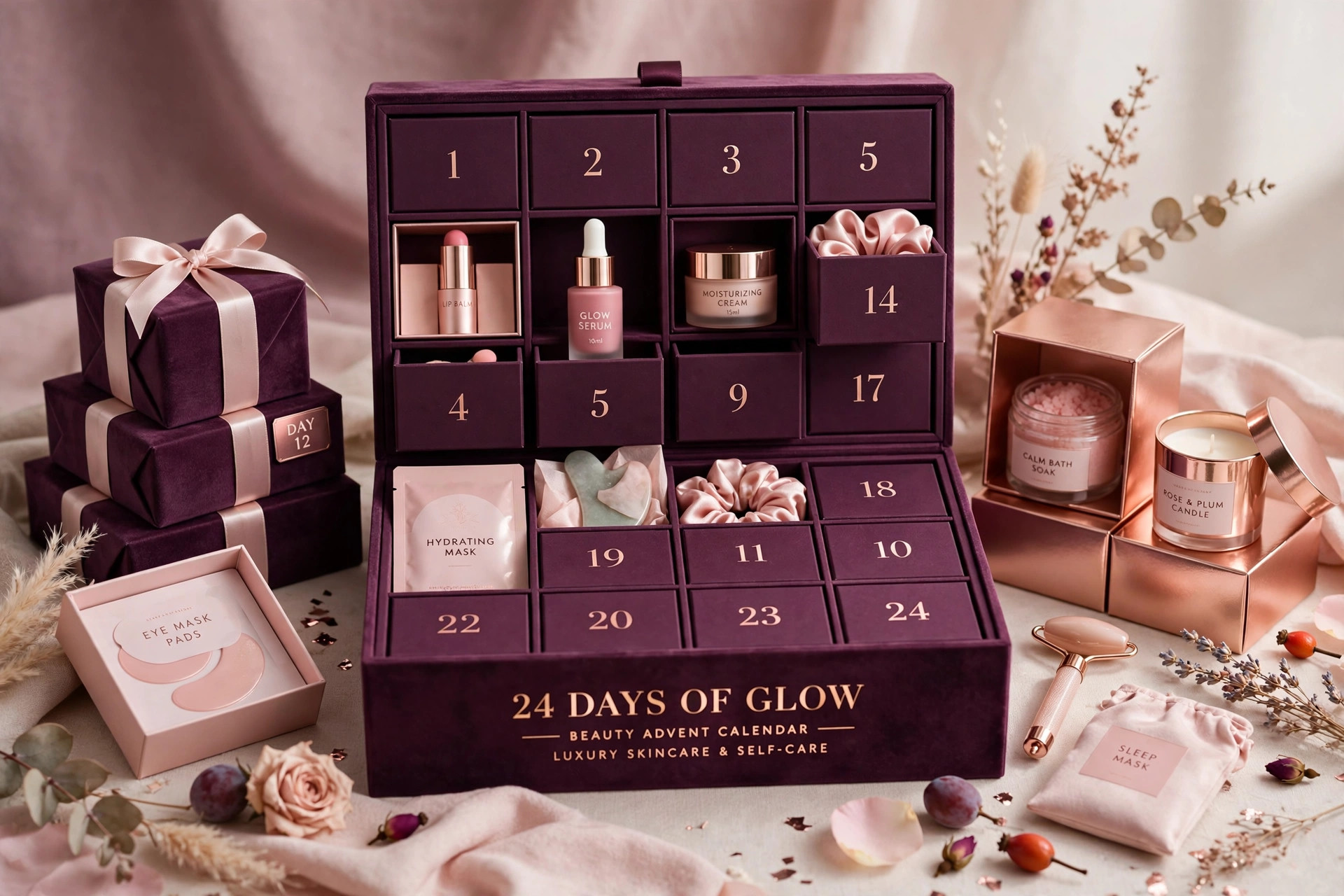 6 best beauty advent calendars 2026 — a luxury beauty advent calendar with numbered drawers in plum and rose gold