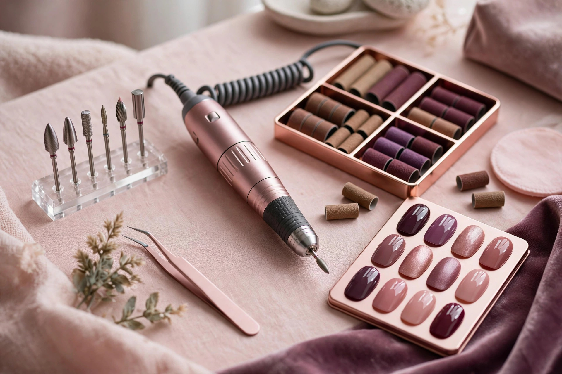 Best electric nail files on Amazon 2026 — professional nail drill with bits on a blush-pink manicure station