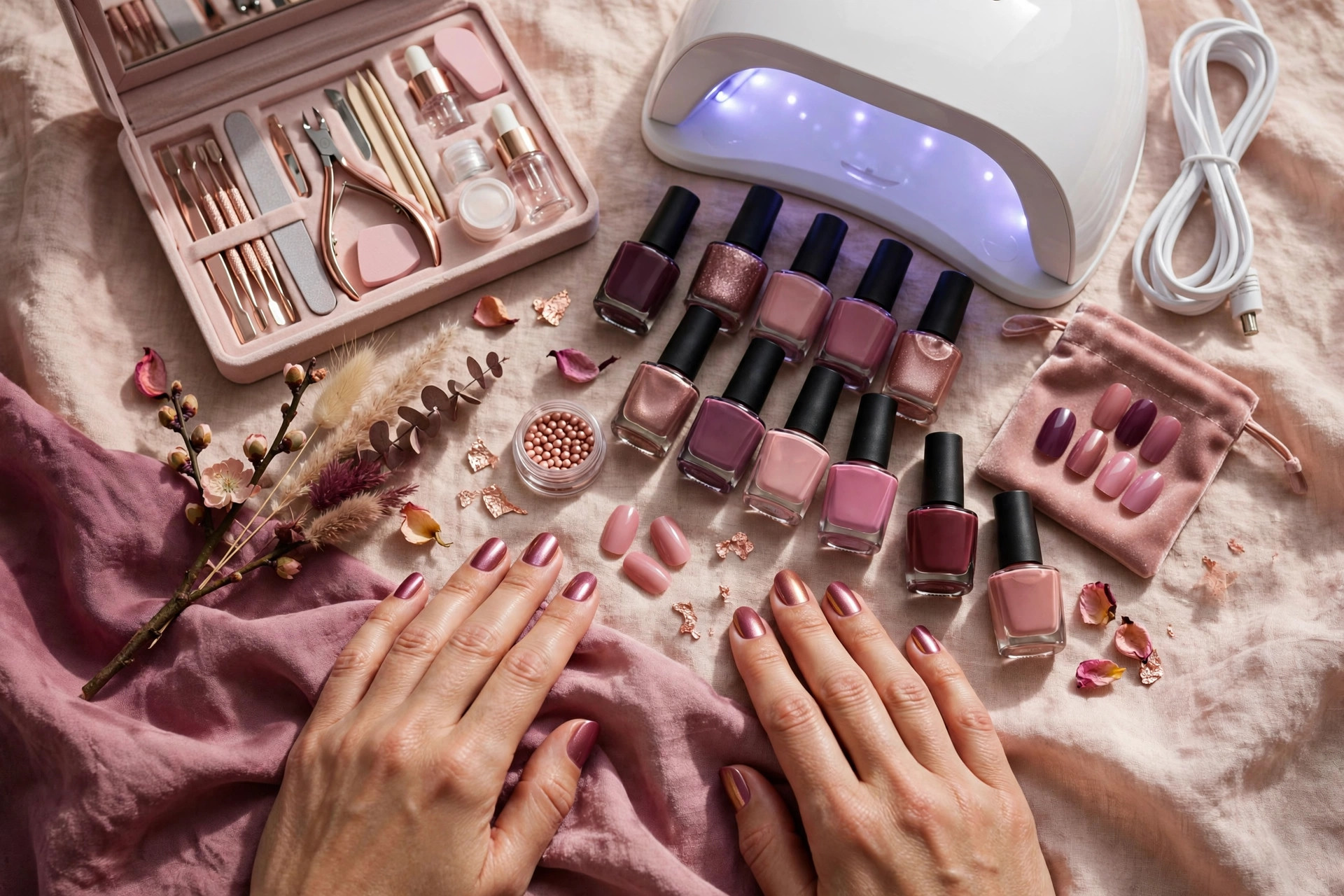 Best gel nail kits on Amazon 2026 with UV lamp and gel polish bottles flat lay