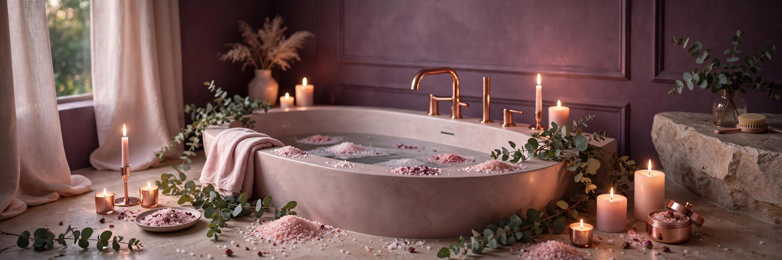 Best luxury bath salts on Amazon 2026 — candlelit spa bath in plum and rose gold tones