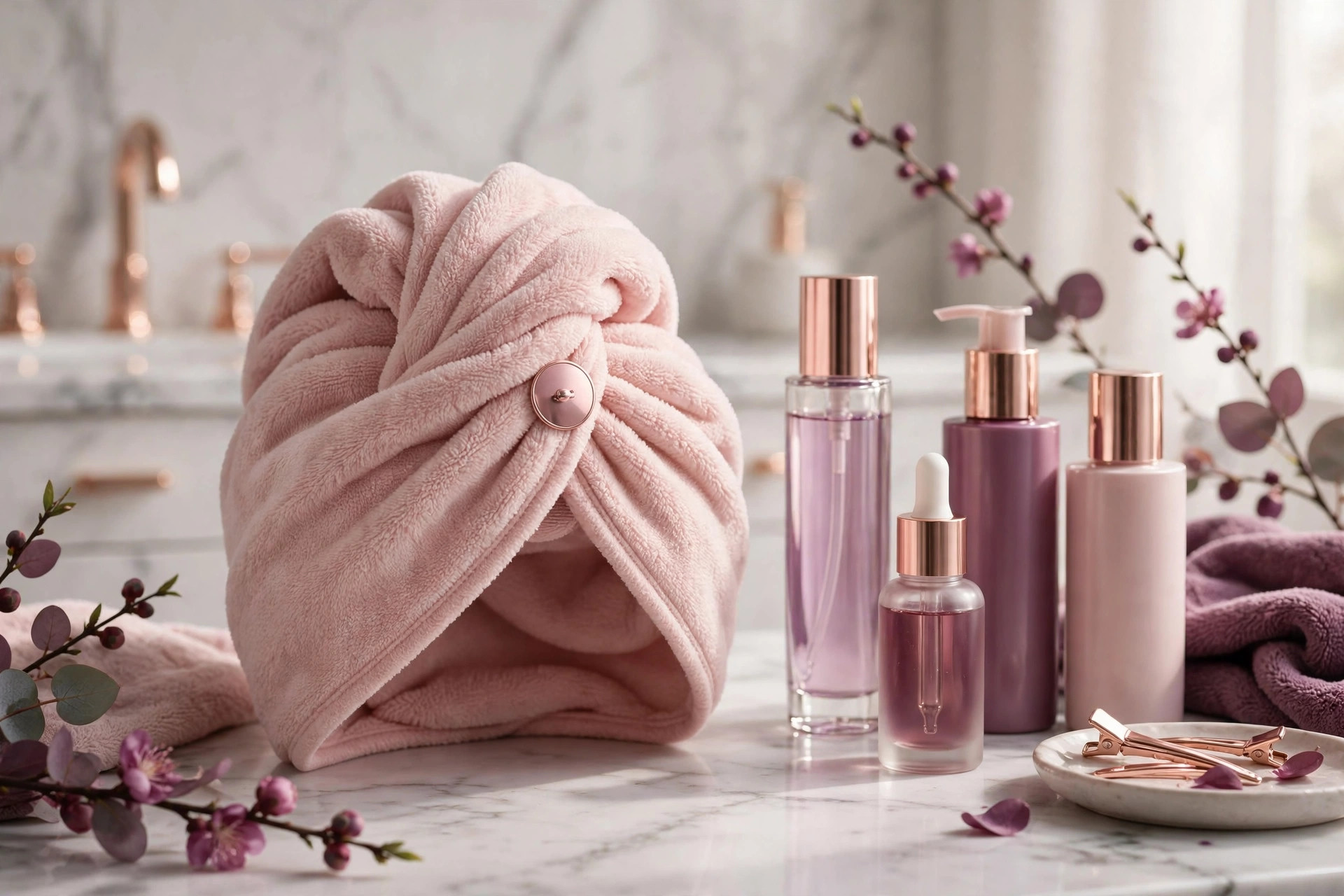 Best luxury hair towel wraps on Amazon 2026 — blush-pink microfiber hair turban wrap with luxury haircare bottles