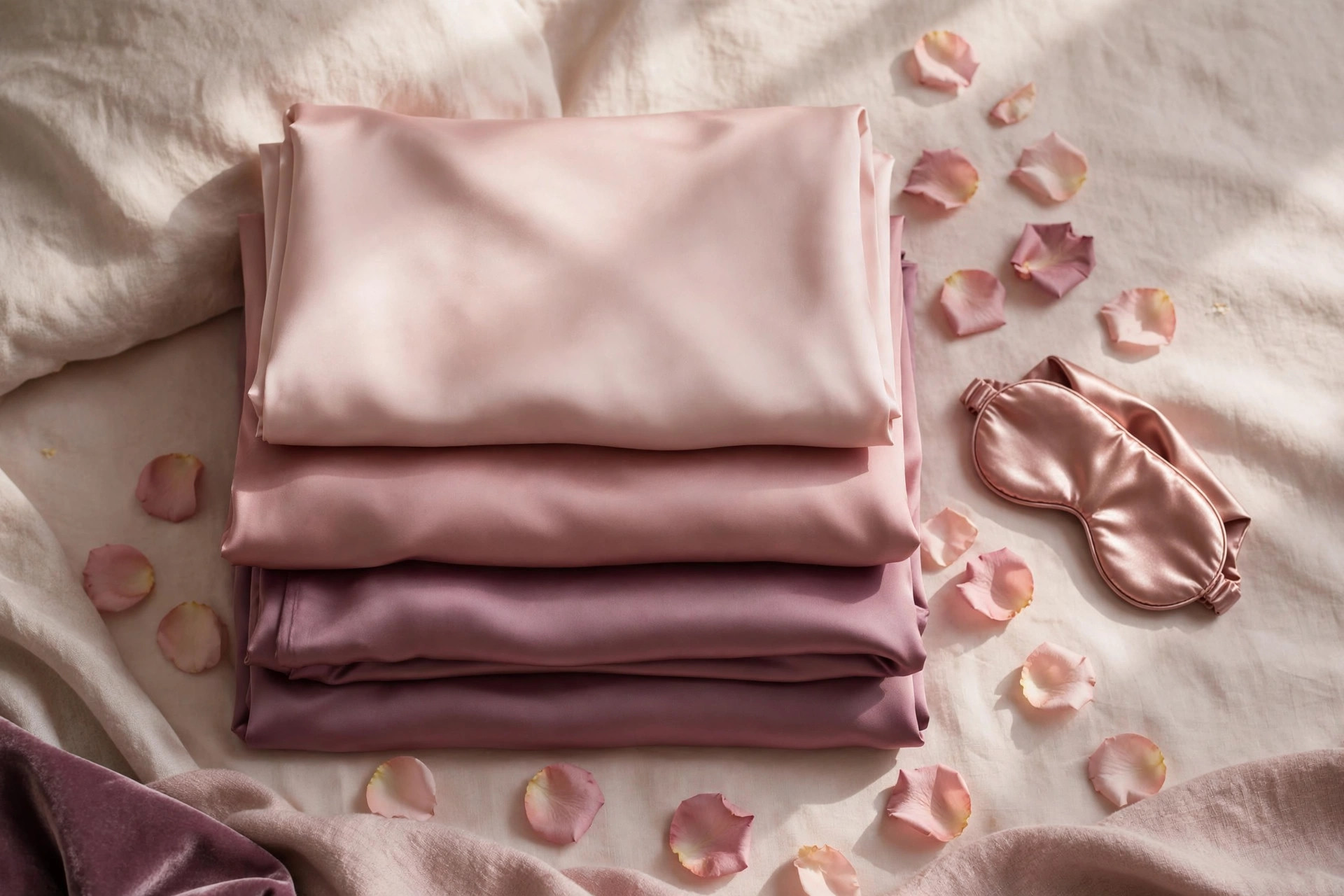 Best satin pillowcases on Amazon 2026 — blush and rose satin and silk pillowcases stacked on an elegant bed