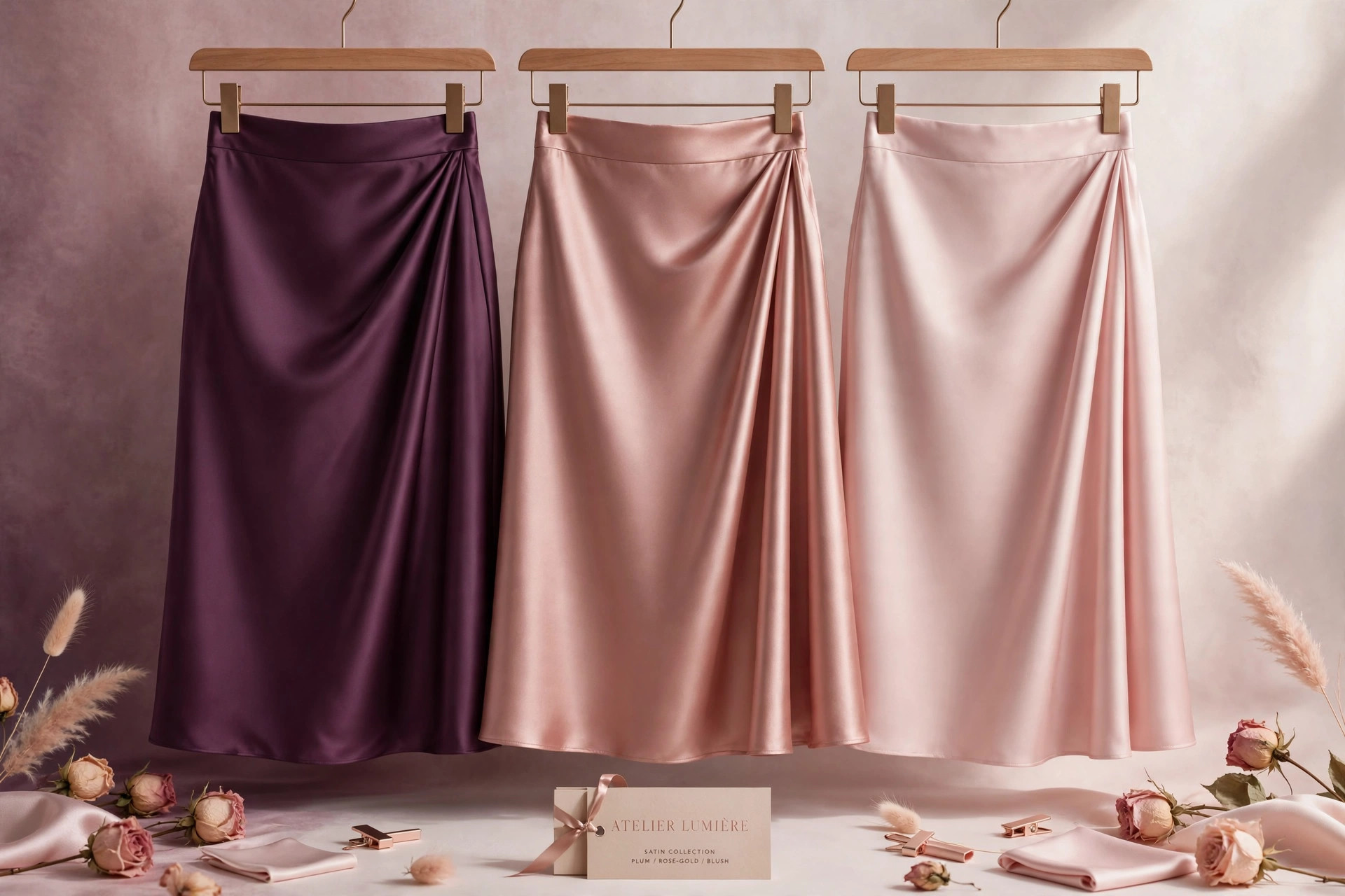 6 best satin skirts on Amazon (2026) — satin midi skirts in an elegant editorial still life