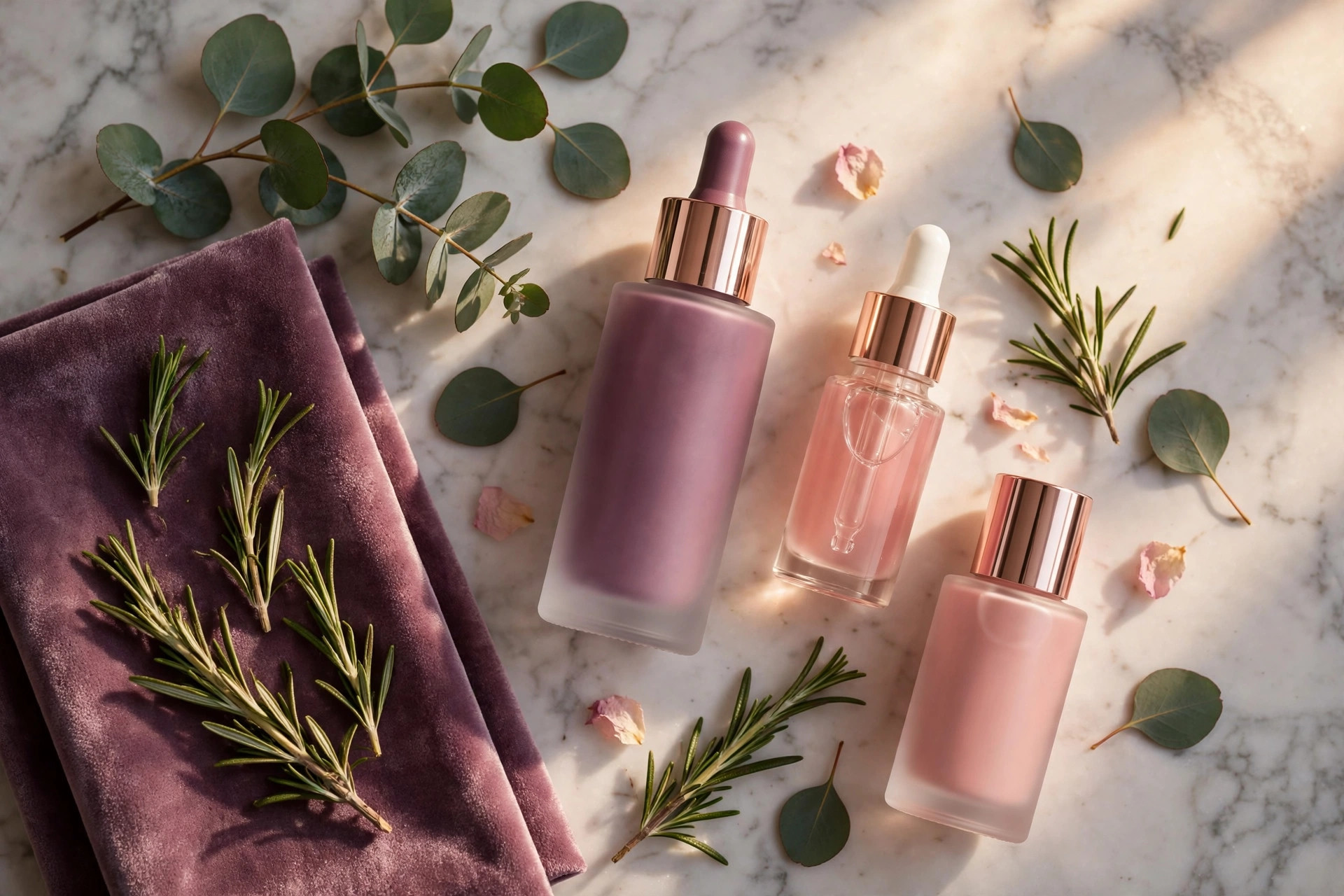 Best scalp treatments on Amazon 2026 — rosemary scalp oils, serums and scrubs on a marble vanity