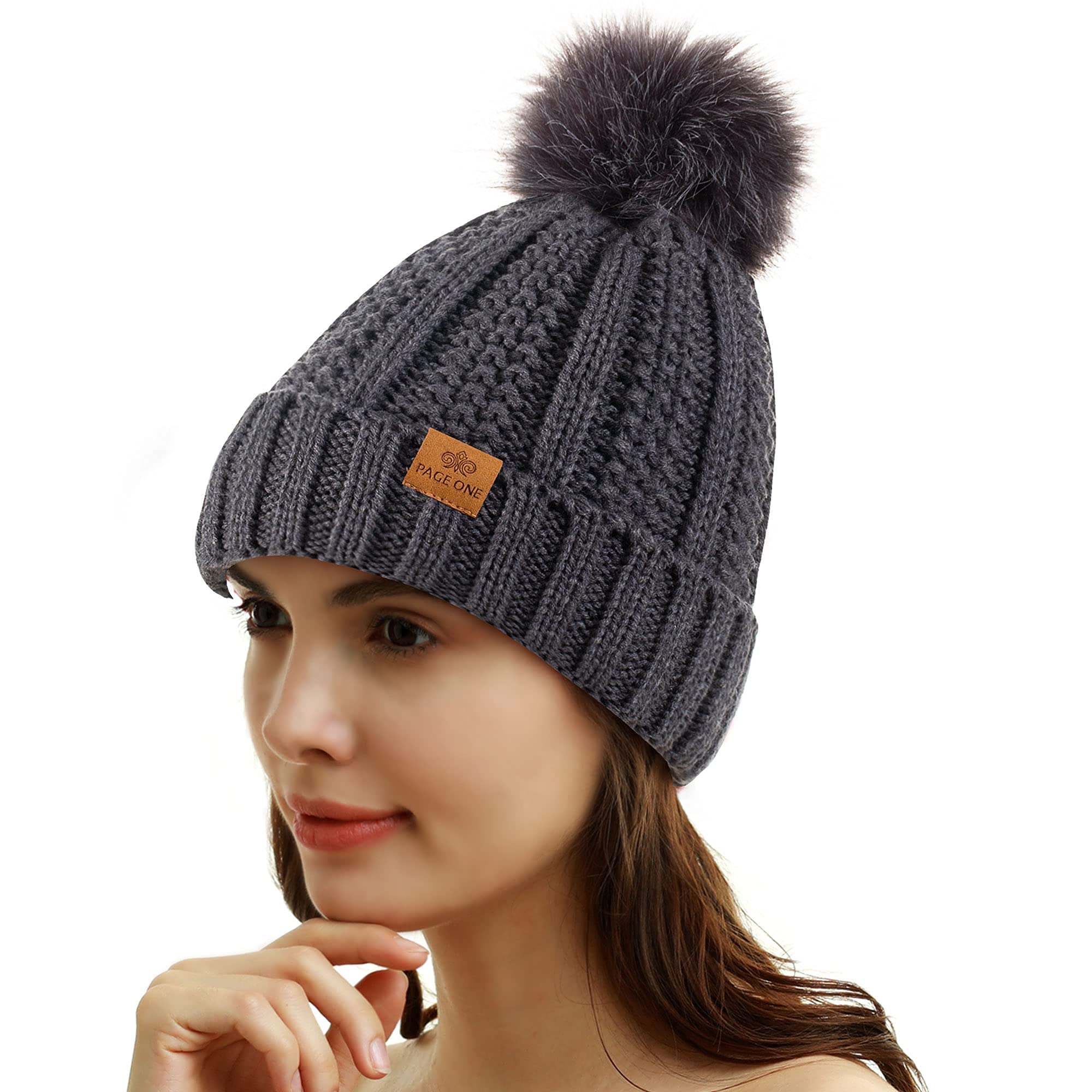 PAGE ONE Women's Cable Knit Pom Beanie