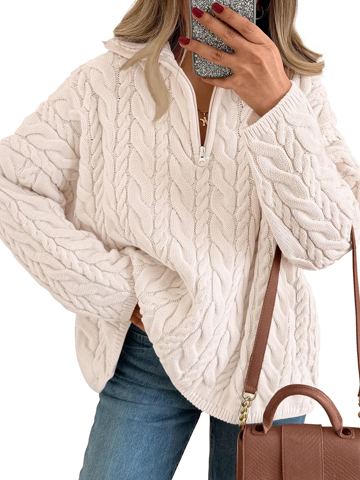 Trendy Queen Women's Oversized Cable Knit Quarter Zip Pullover