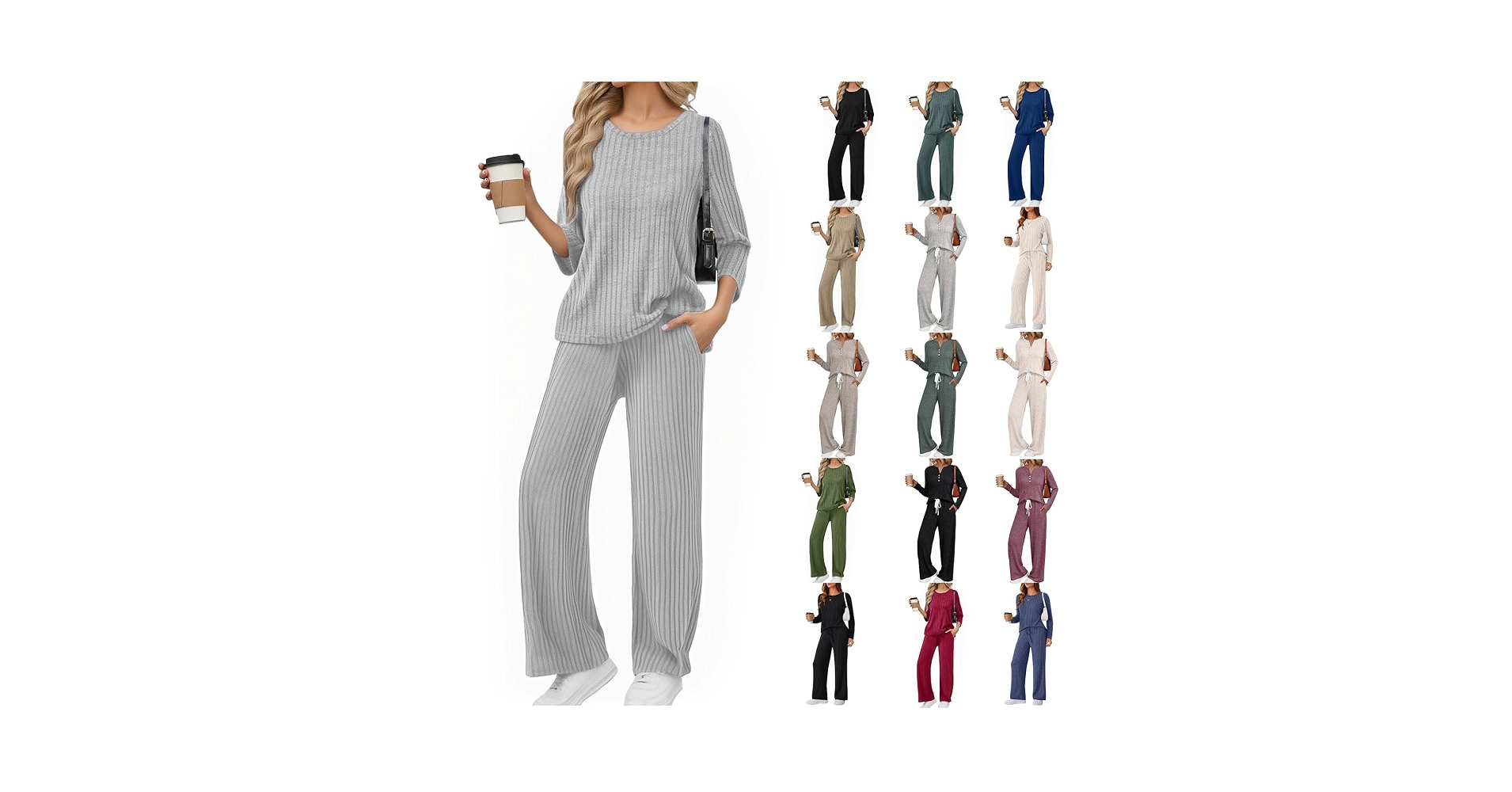 Oncharm Women's 2-Piece Ribbed Knit Lounge Set
