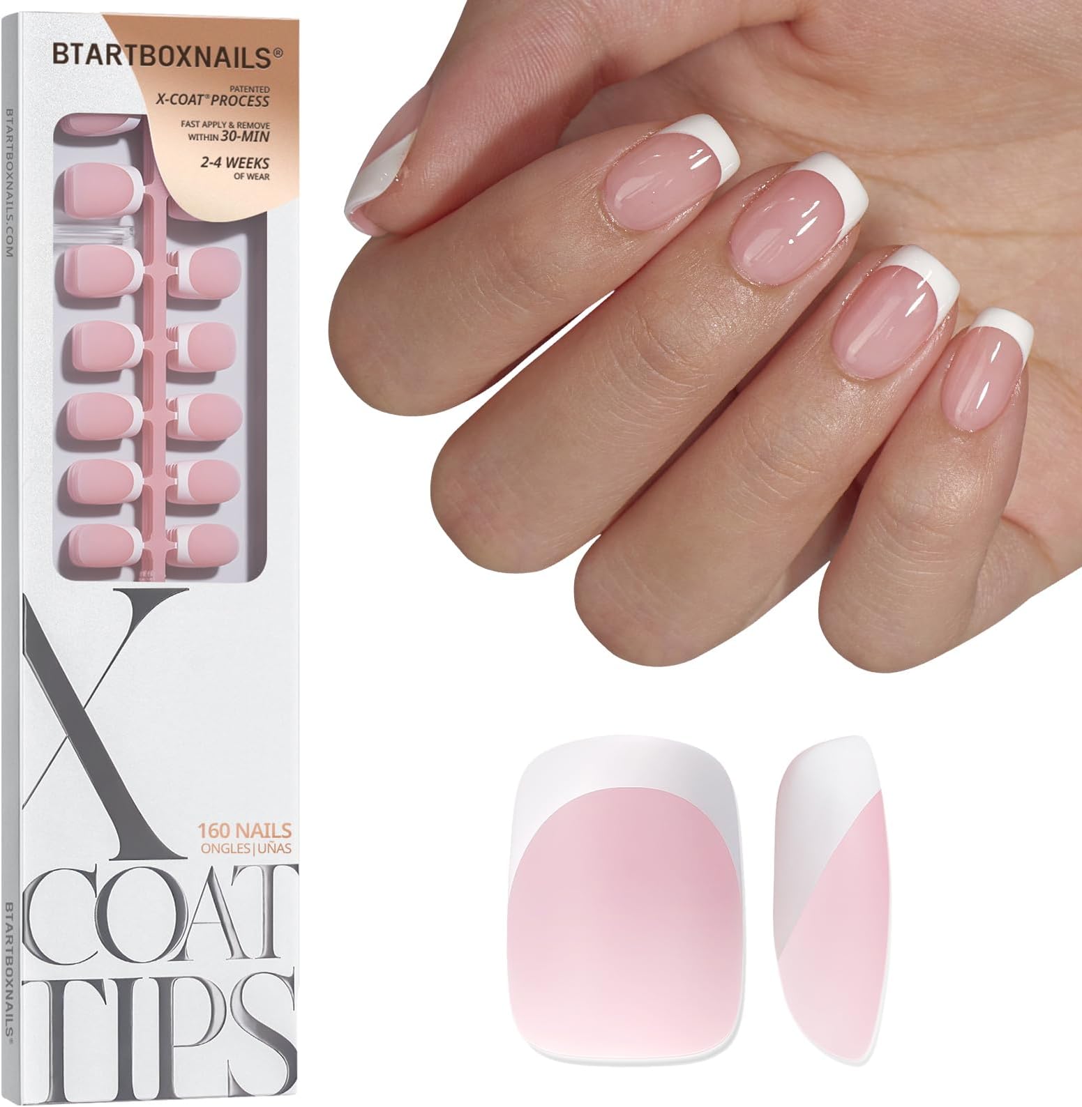 BTArtbox XCOATTIPS French tip press on nails in pink and white