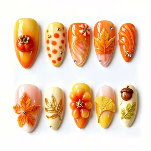 Fall pumpkin maple leaf almond press on nails with autumn designs