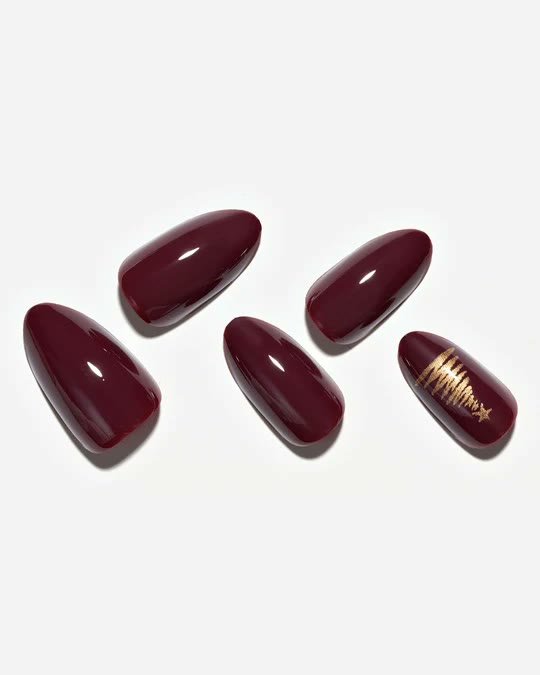 GLAMERMAID burgundy medium press on nails with gold accent nail