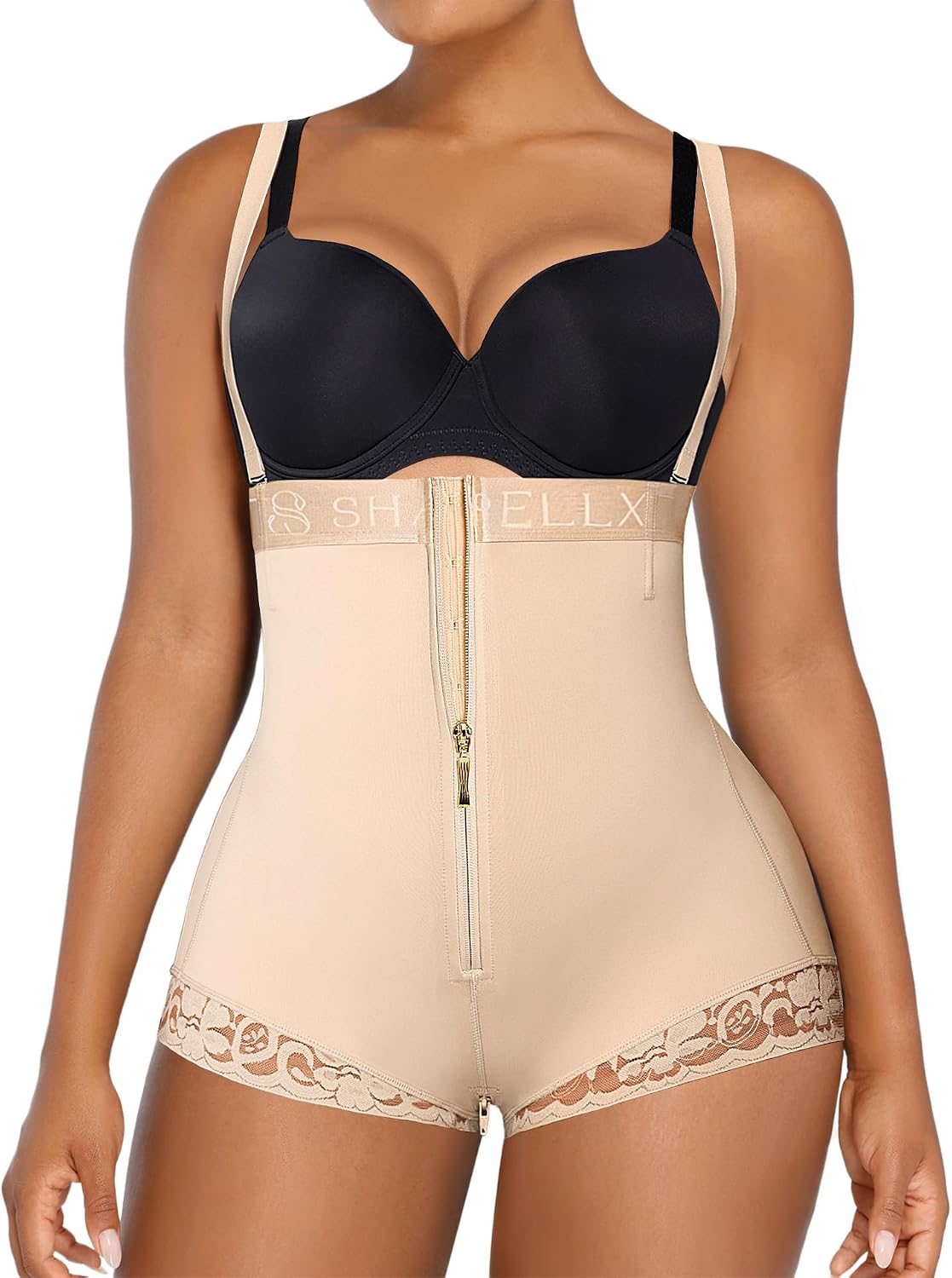 SHAPELLX High-Waisted Shaper Shorts in beige with zipper closure