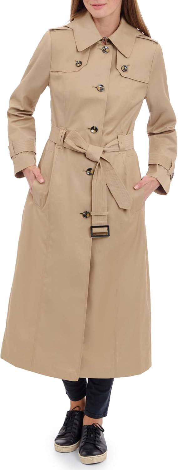 London Fog Women's Single Breasted Long Trench Coat with Epaulettes and Belt