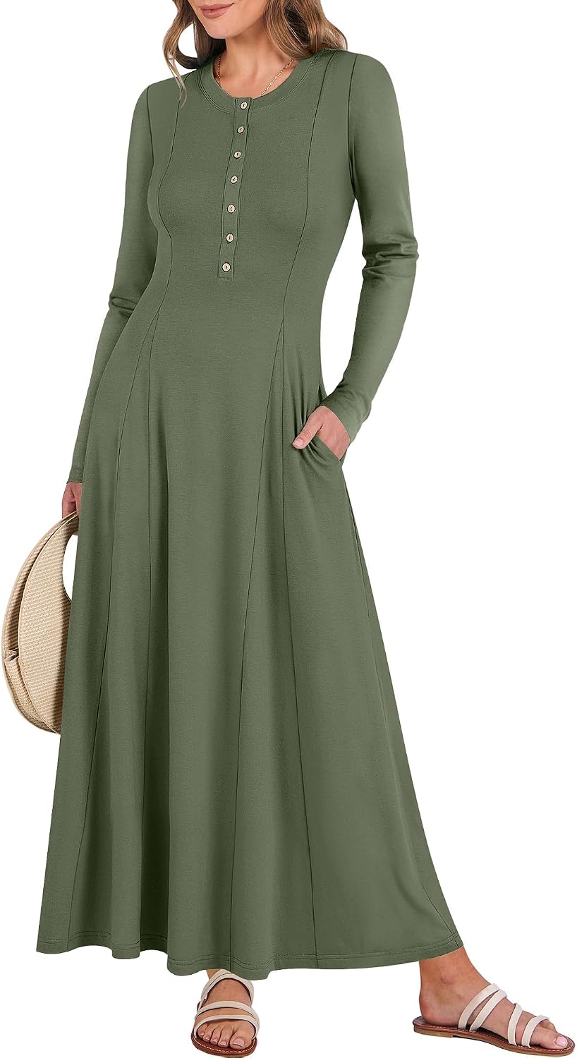 Anrabess Women's Long Sleeve Maxi Dress in olive green