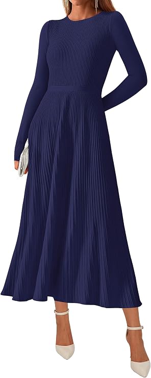 KIRUNDO Women's Fall Ribbed Knit Bodycon Midi Sweater Dress in navy