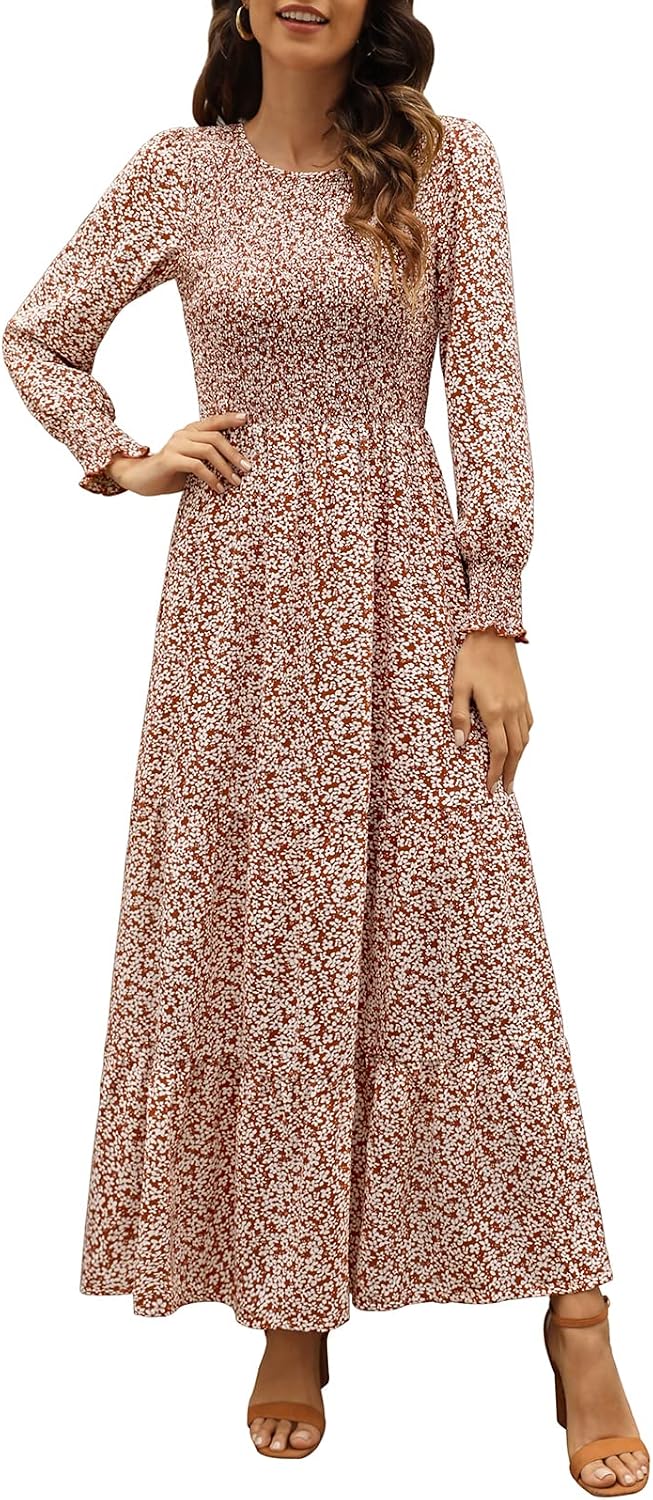 Women's Long Sleeve Smocked Floral Boho Maxi Dress in rust print