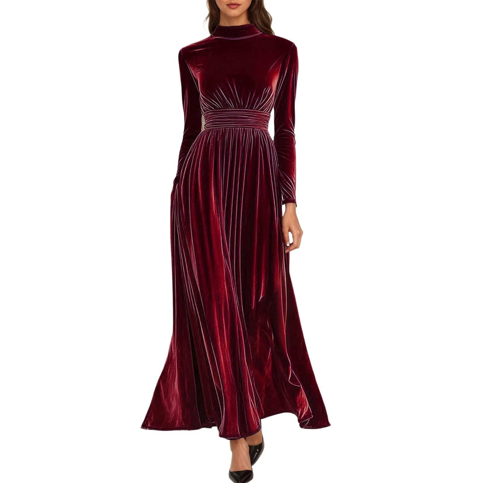 Zattcas Women's Velvet Maxi Dress in burgundy